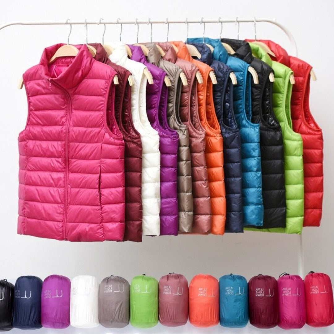 Gilet élégant en duvet kaki Saphire de Danoir Paris, veste légère et raffinée pour femme.