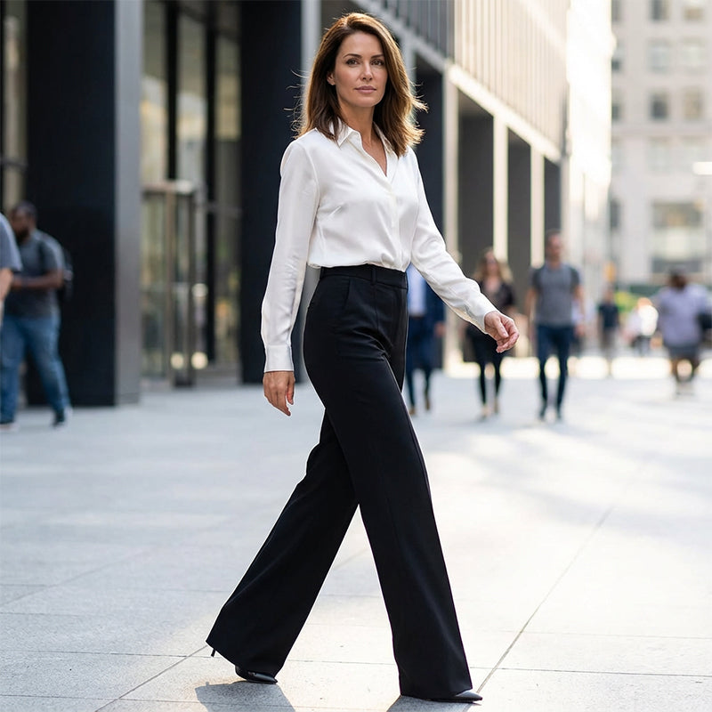 Pantalon de costume taille haute pour femmes Danoir Paris, noir, coupe élégante, en tissu de qualité.
