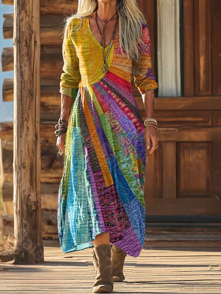 Robe longue Danoir Paris à manches longues avec motif soleil bohème, style élégant et décontracté, en tissu léger.