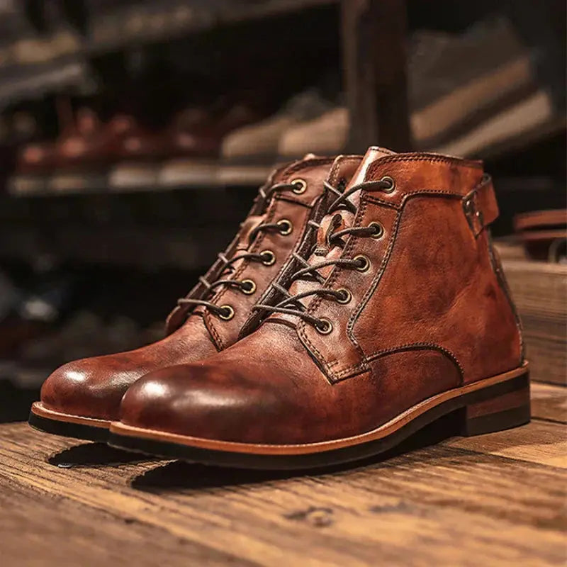 Bottes en cuir Hunter™ pour homme de Danoir Paris, marron, avec lacets, semelle robuste, style élégant et confortable.