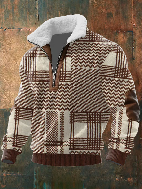 Pull zippé à col montant fourré Danoir Paris en tissu marron à carreaux, idéal pour rester au chaud.