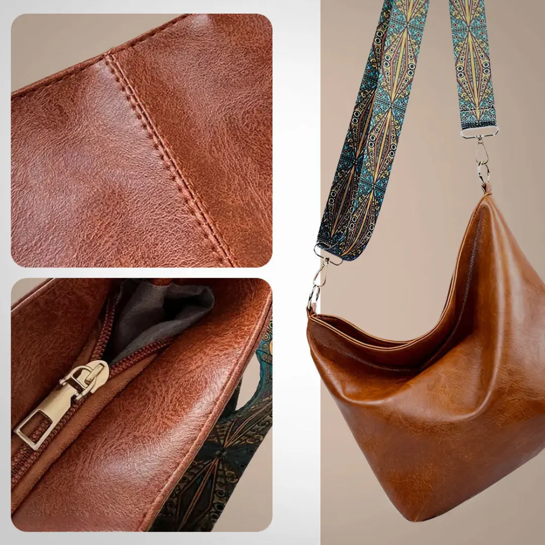 Sac à bandoulière vintage Danoir Paris Freya en cuir marron clair, élégant et intemporel, avec poches et bandoulière ajustable.