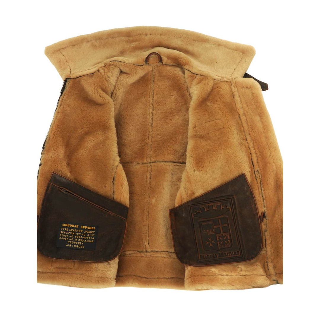 Blouson aviateur classique brun foncé de Danoir Paris, veste en similicuir avec doublure intérieure, style élégant et intemporel