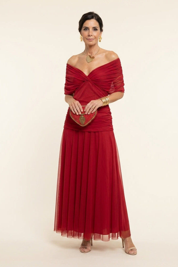 Robe longue en tulle drapée Carlota™ de Danoir Paris, couleur marron, avec décolleté élégant et finition fluide.