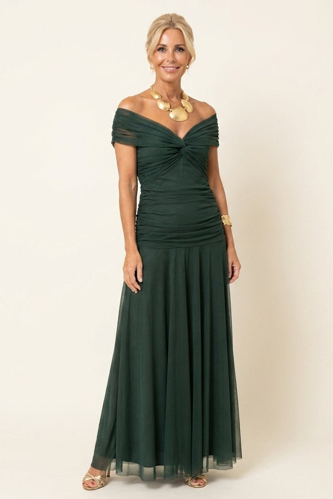 Robe longue en tulle drapée Carlota™ de Danoir Paris, couleur marron, avec détails élégants et finition fluide.