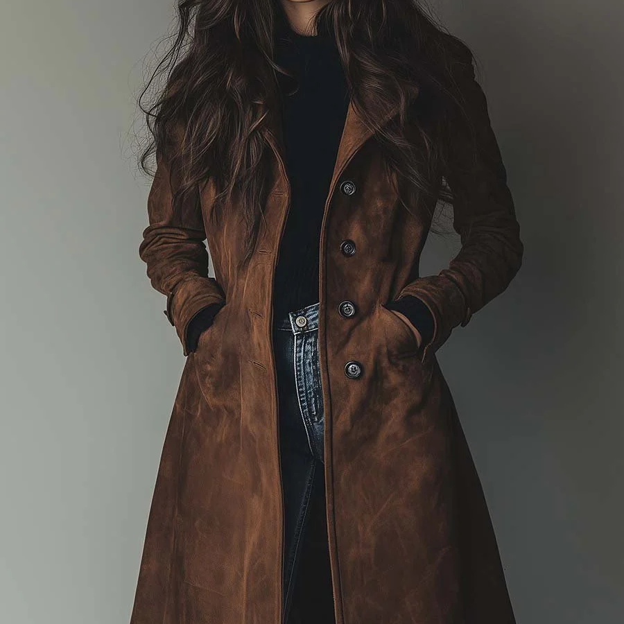 Manteau trench en daim marron vintage Danoir Paris, style élégant et classique, porté sur un mannequin.