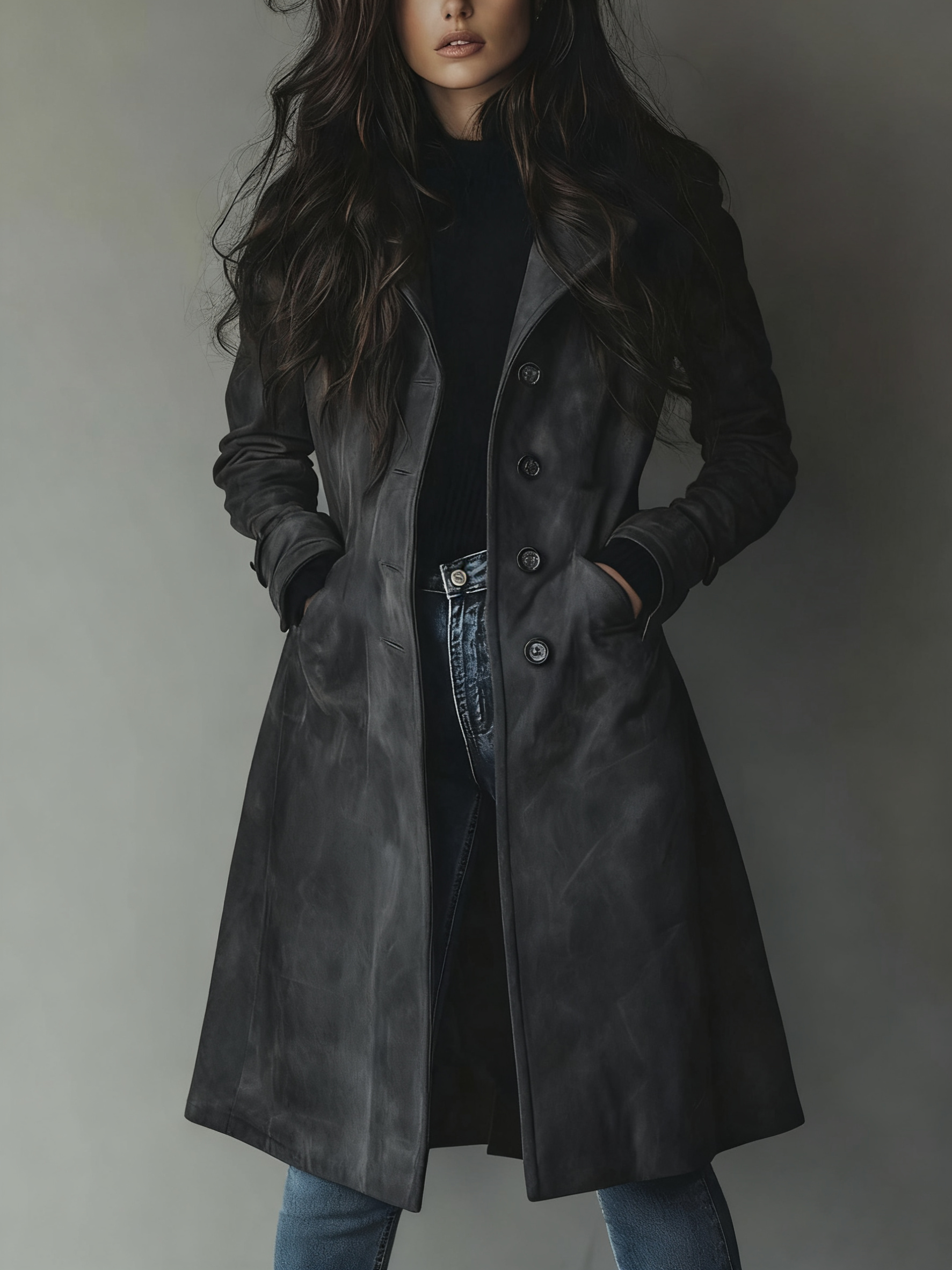 Trench-coat en daim vintage Danoir Paris marron, style élégant et classique, porté sur un mannequin.