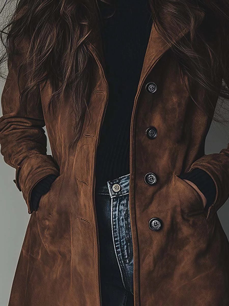 Manteau trench en daim marron vintage de Danoir Paris, style élégant et classique, porté en extérieur.