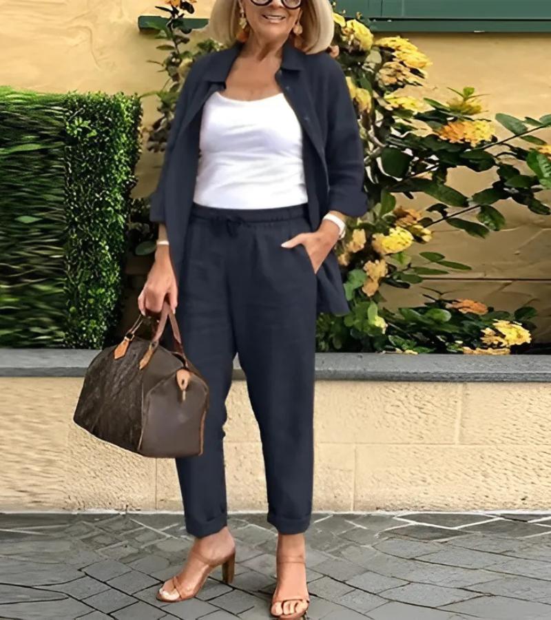 Ensemble chemise et pantalons en lin et coton Martina Danoir Paris, marron, taille S, tissu léger et confortable.