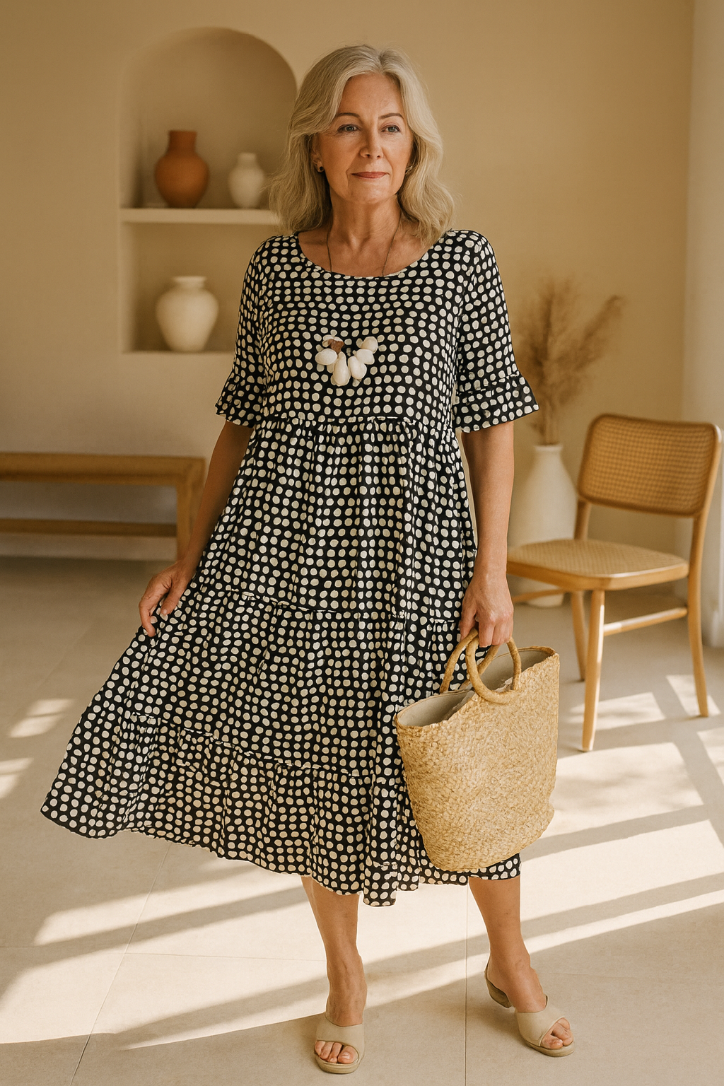 Robe midi fluide élégante Noémie™ de Danoir Paris en tissu naturel couleur marron, vue de face sur mannequin.