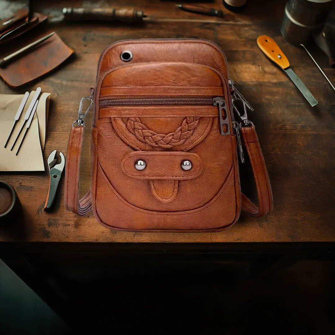 Sac à bandoulière Tamsin de Danoir Paris en cuir marron avec design intemporel, visible sur l'image.