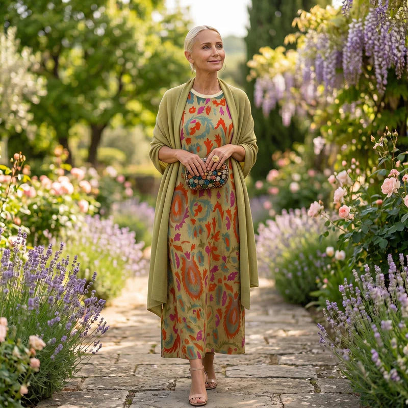 Robe longue imprimée Daniela de Danoir Paris avec gilet coordonné, en tissu marron et style élégant.