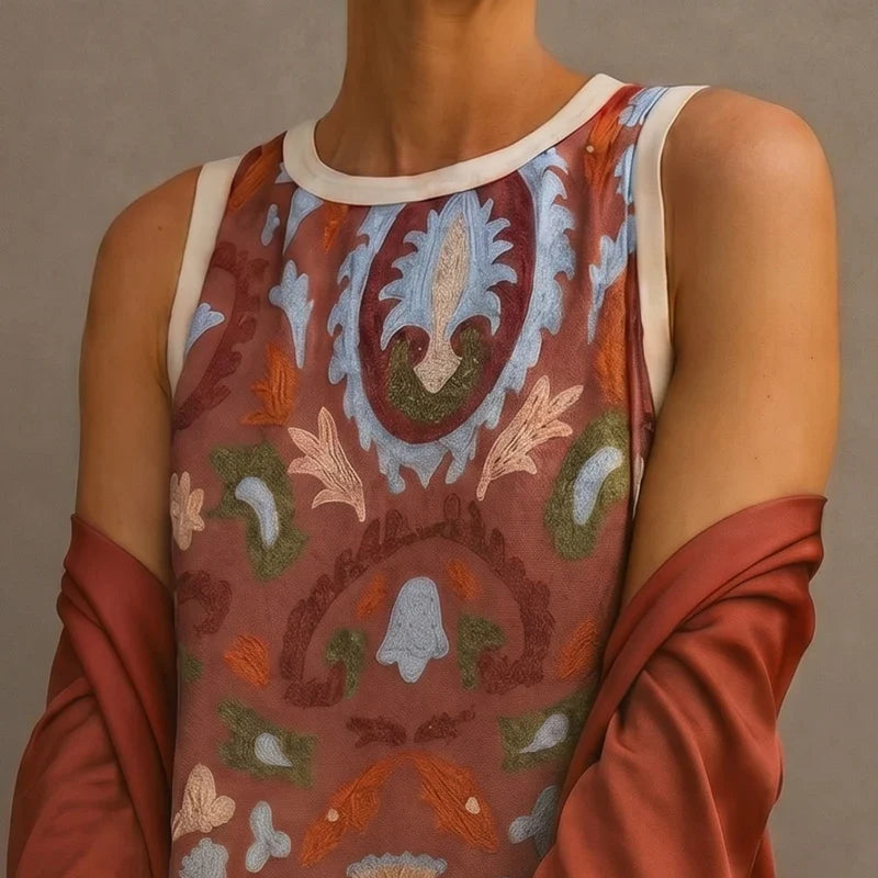Robe longue imprimée Daniela de Danoir Paris avec gilet coordonné, en tissu marron élégant et fluide.