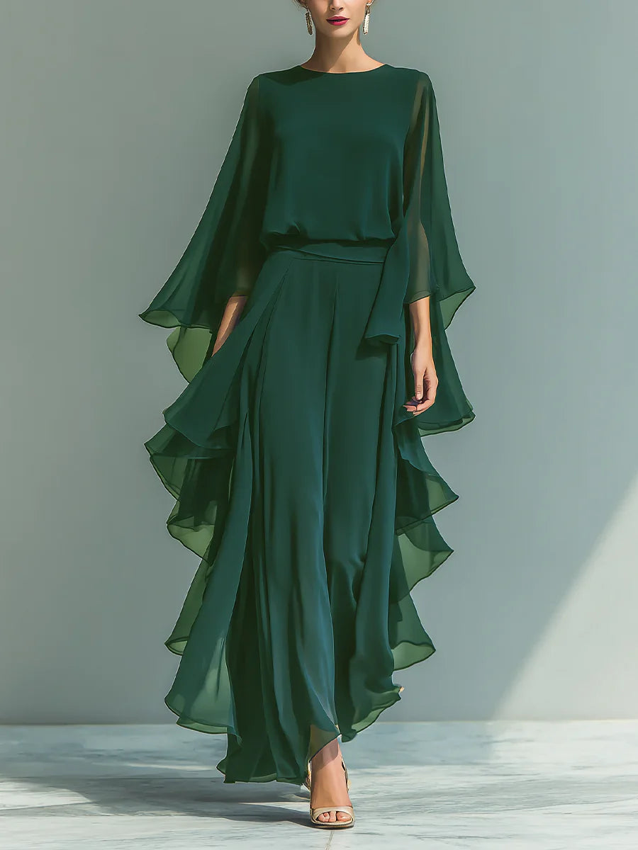Ensemble assorti Aurora de Danoir Paris, élégant ensemble en chiffon avec volants, couleur bleu, taille XS.