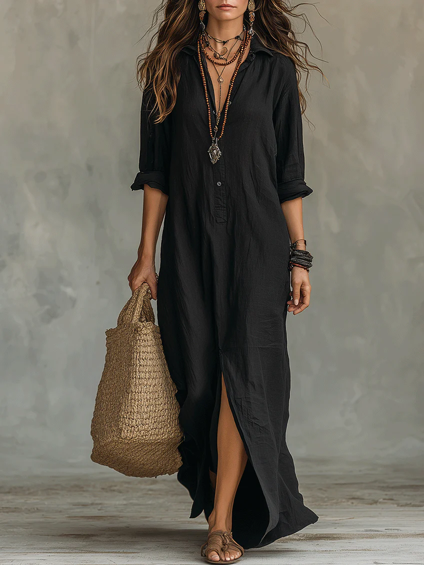 Robe longue noire Danoir Paris Soline avec boutons, tissu fluide et élégance pour femme, vue de face.