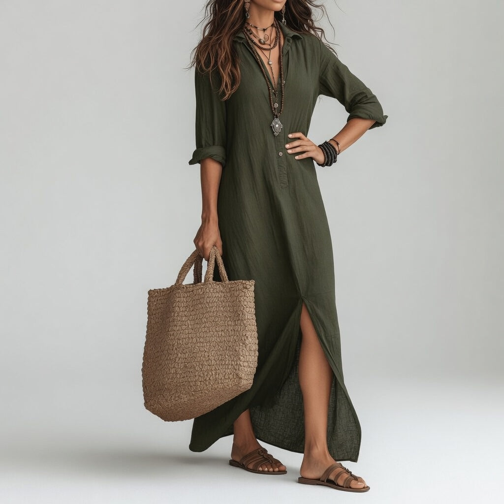 Robe longue chemise bohème Violaine™ noire de Danoir Paris, maxi dress élégante et naturelle, portée décontractée.
