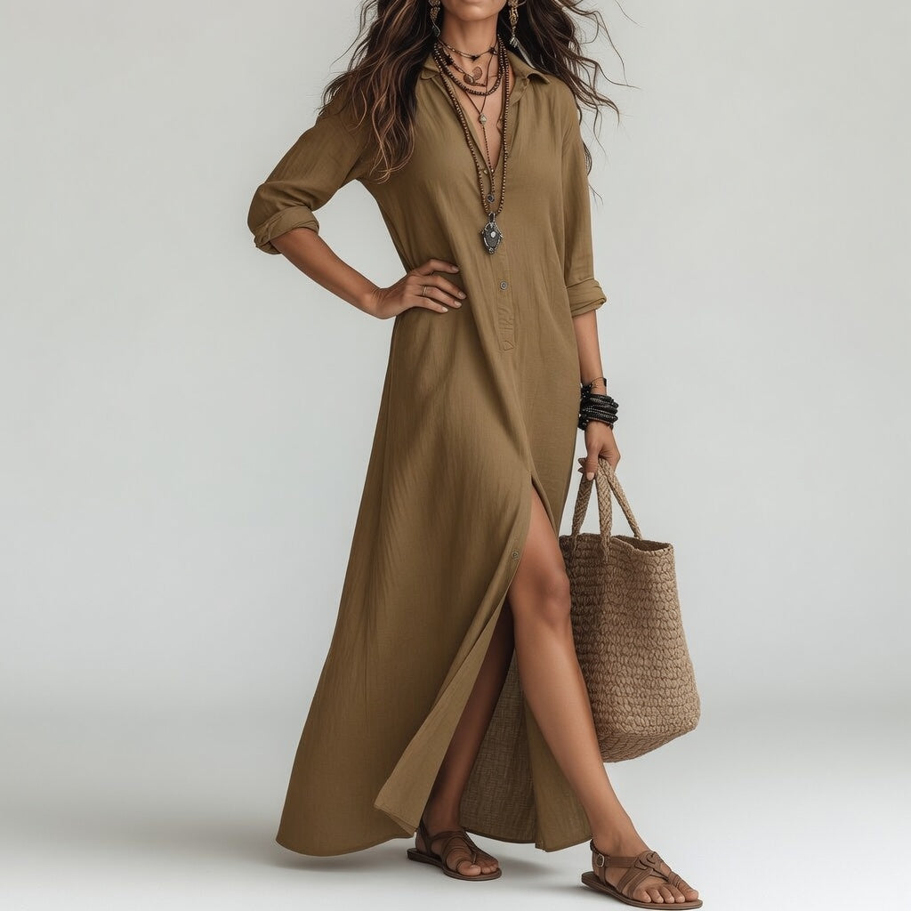 Robe longue chemise bohème Violaine™ de Danoir Paris, maxi dress noire élégante avec style naturel.