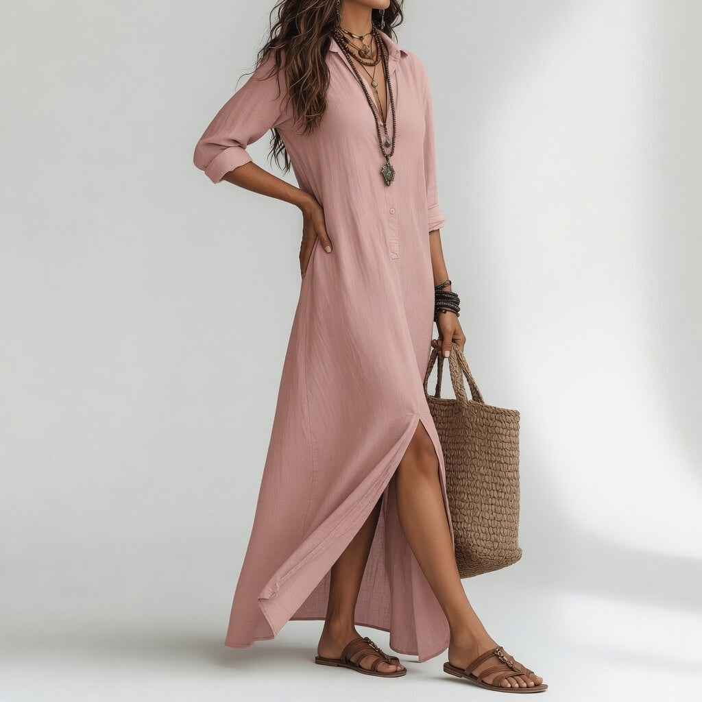 Robe longue chemise bohème Violaine™ de Danoir Paris, maxi dress noire élégante avec style naturel et décontracté.