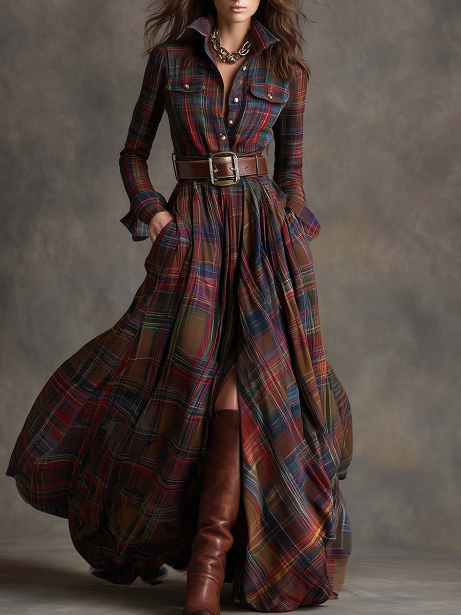 Robe longue à carreaux avec ceinture, modèle Giulietta de Danoir Paris, en tissu marron foncé, style robe-shirt maxi.