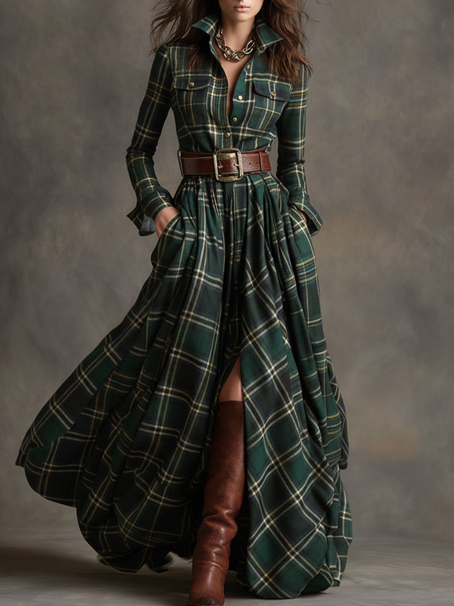 Robe maxi à carreaux marron foncé Danoir Paris avec ceinture, style veste longue, portée décontractée et élégante.
