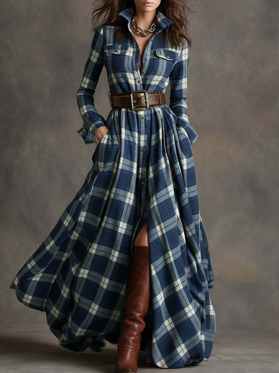 Robe maxi à carreaux marron foncé Danoir Paris avec ceinture, style chemise longue, pour femme élégante et décontractée.