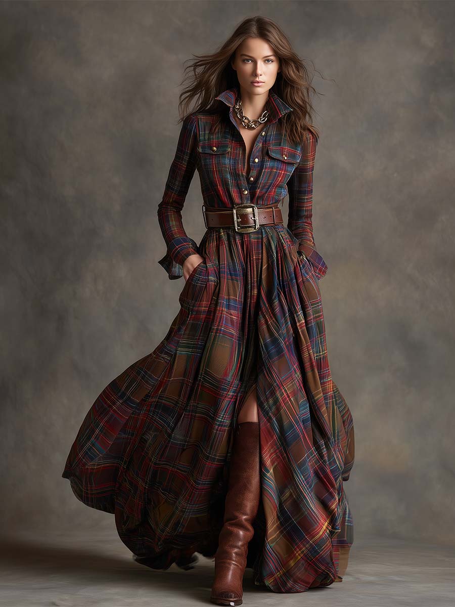 Robe maxi à carreaux marron foncé avec ceinture, style chemise, de la marque Danoir Paris, modèle Giulietta.