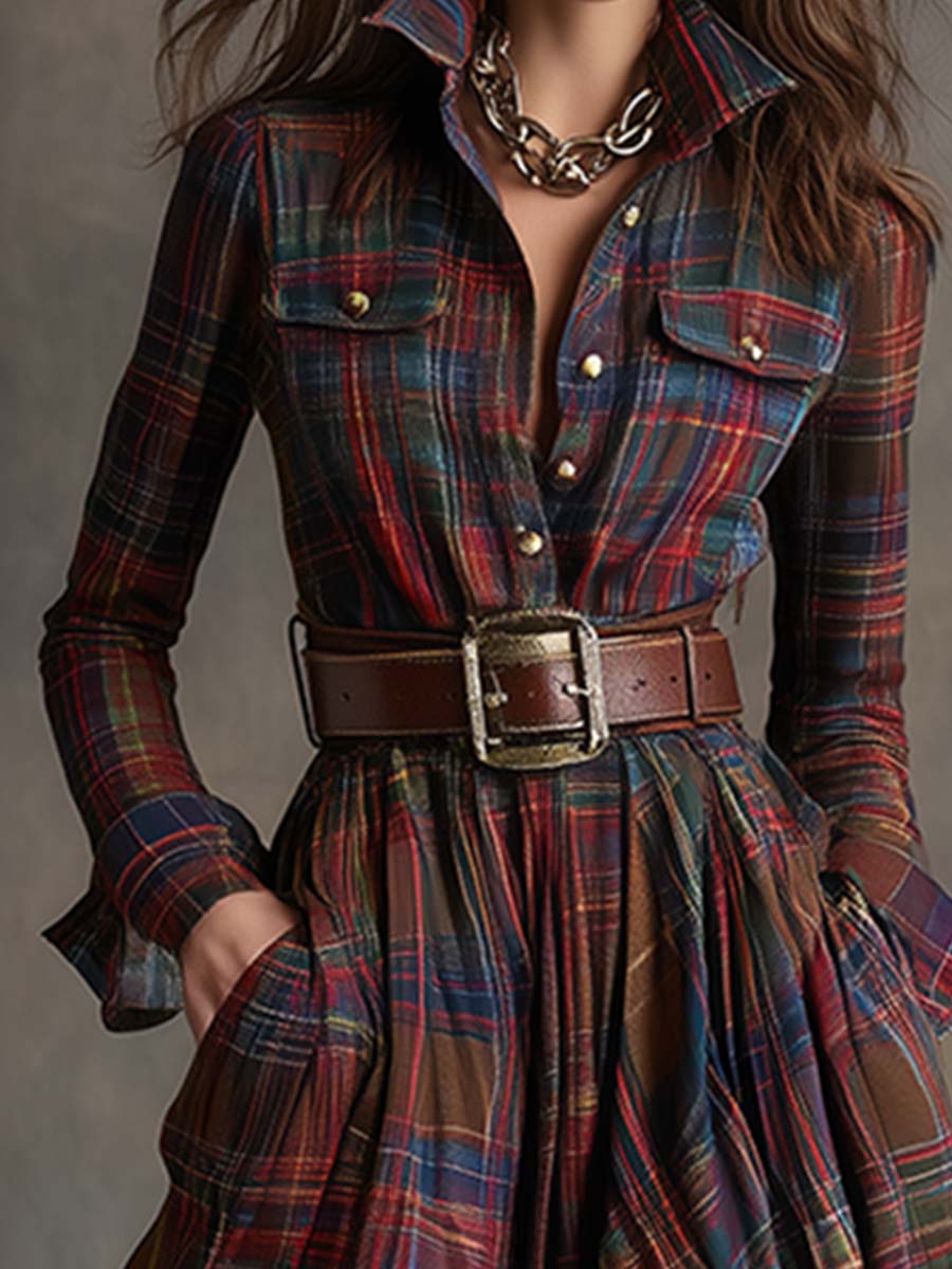 Robe chemise maxi à carreaux marron foncé Danoir Paris, ceinture, style décontracté, longueur maxi, pour femme.