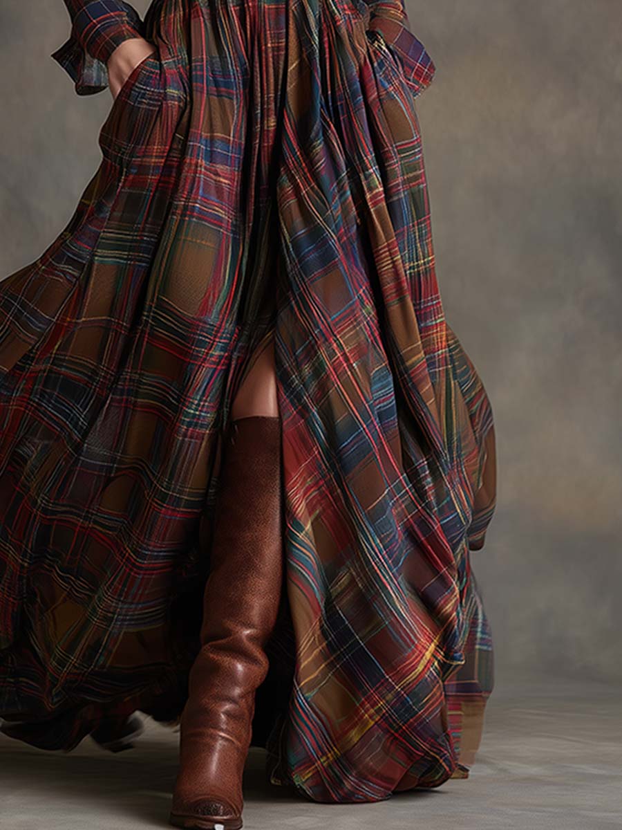 Robe maxi à carreaux marron foncé Giulietta de Danoir Paris, robe chemise avec ceinture, style élégant et décontracté.