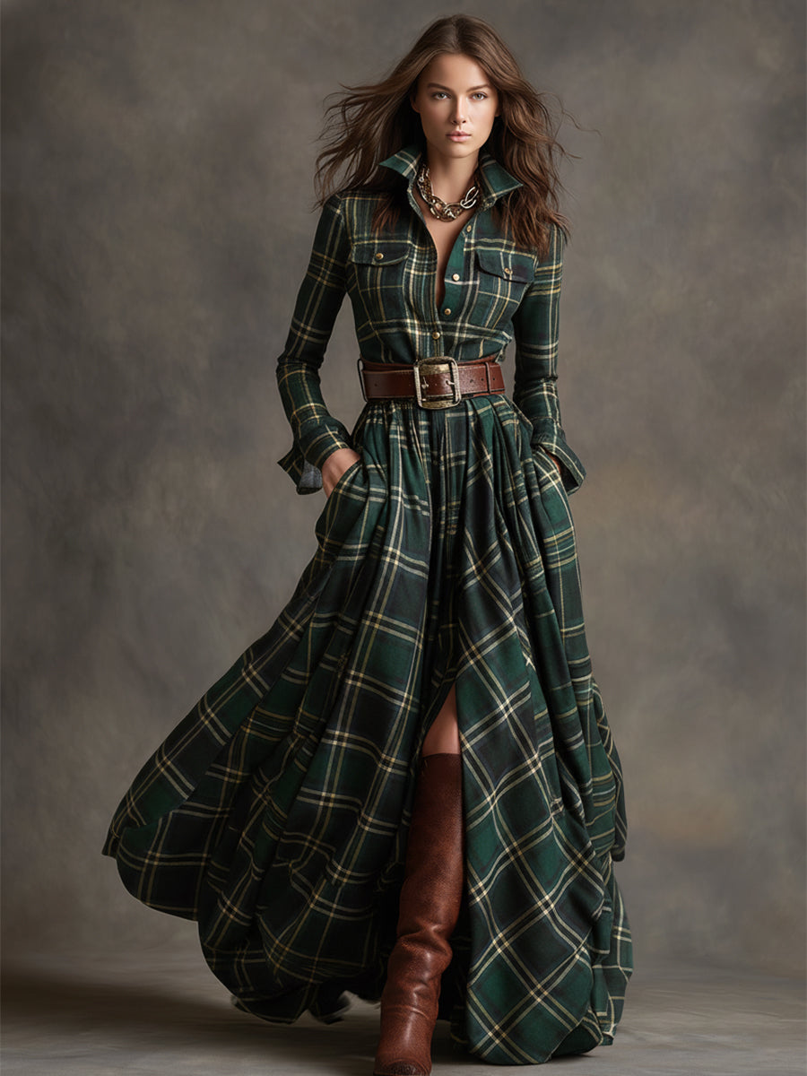 Robe longue à carreaux avec ceinture, modèle Giulietta de Danoir Paris, en tissu marron foncé, style maxi dress avec col chemise.