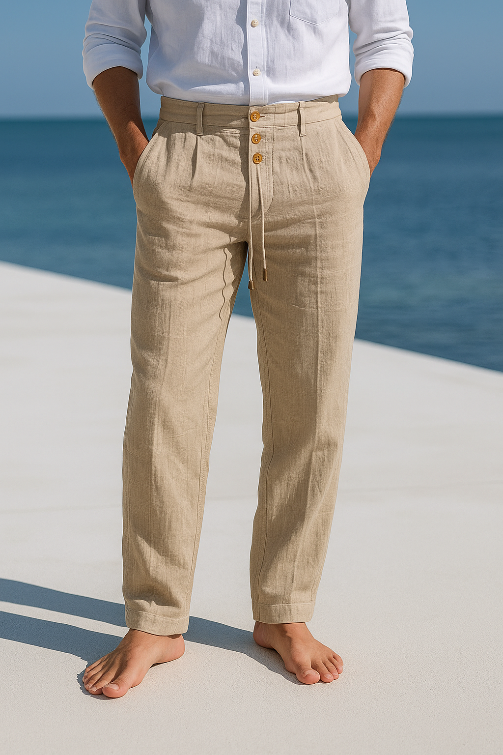 Pantalon d'été en lin léger pour homme Danoir Paris, couleur kaki, style décontracté et confortable.
