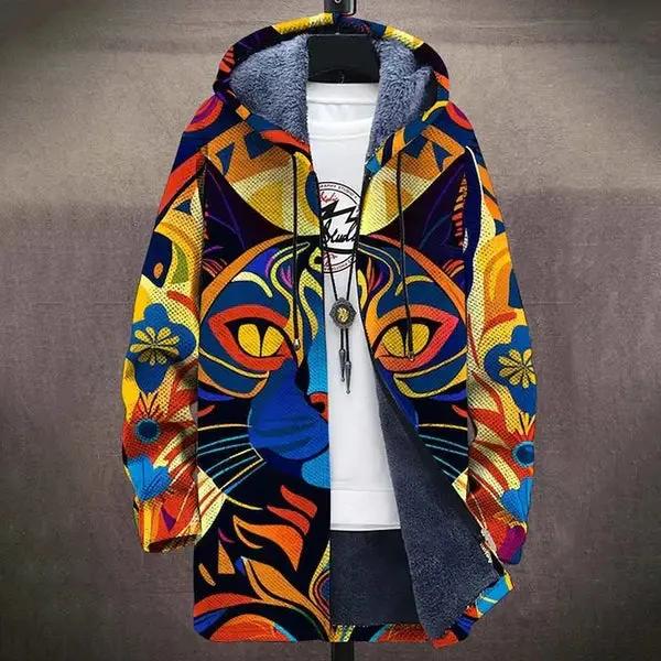 Gilet de luxe Danoir Paris avec motif coloré de chats, inspiré par l'art, porté par un mannequin.