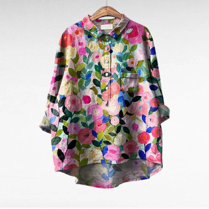 Blouse d'été en lin Claire de Danoir Paris, élégante avec motifs floraux, manches courtes et coupe légère pour femme.