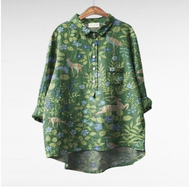 Blouse d'été en lin claire et élégante de Danoir Paris, motif léger, tissu respirant pour un style chic et confortable.