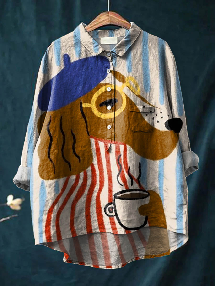 Chemise Danoir Paris Charlie avec impression artistique de chien et de café, motif multicolore, style décontracté.