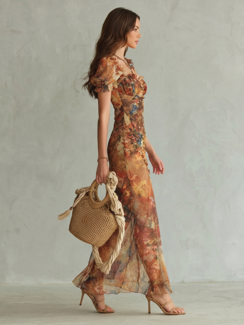 Robe midi colorée Danoir Paris Ciel avec manches plissées, fente latérale et détails froncés, élégante et féminine.