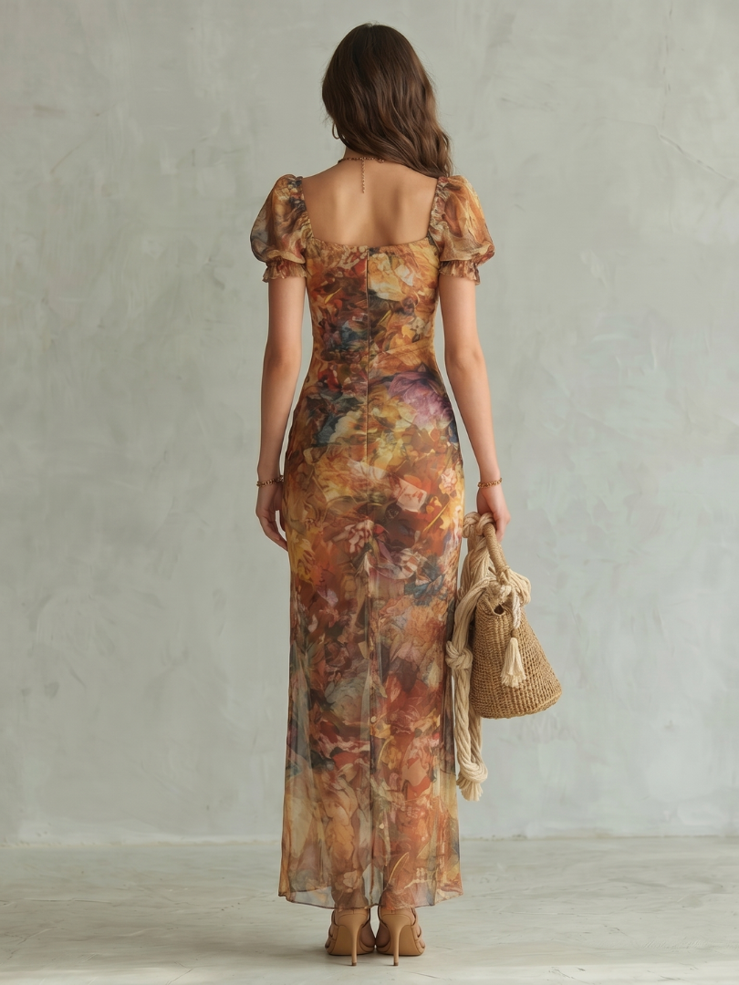 Robe midi Danoir Paris à manches volantées, drapée et fendue, en tissu multicolore avec détails ruchés.