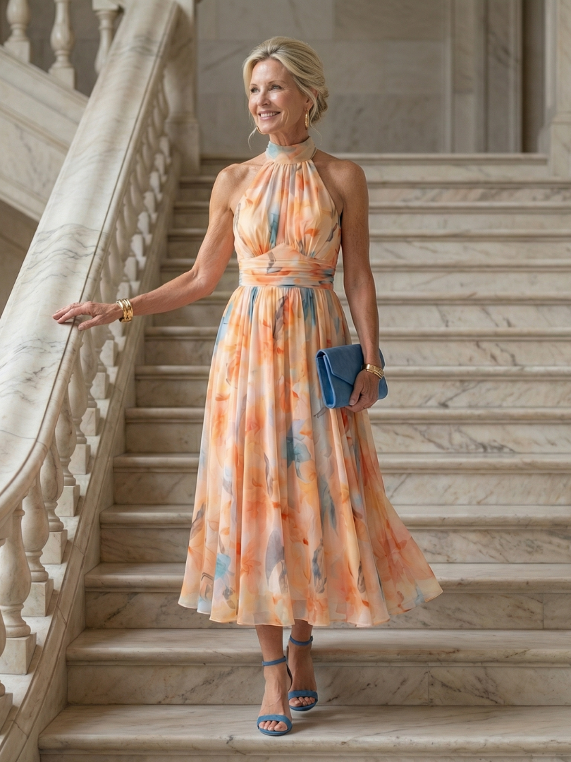 Robe midi Danoir Paris Elin en tissu doux à col halter multicolore, style élégant et confortable pour femme.