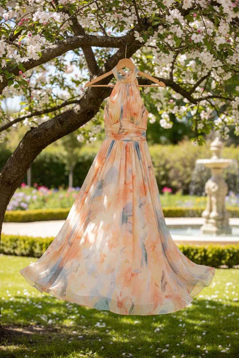 Robe Esther™ à col halter multicolore de Danoir Paris, vêtement féminin élégant pour occasions spéciales.