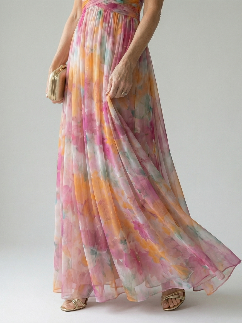 Robe longue maxi Danoir Paris Isel en tissu doux à motifs multicolores, avec ceinture à nouer et manches longues.