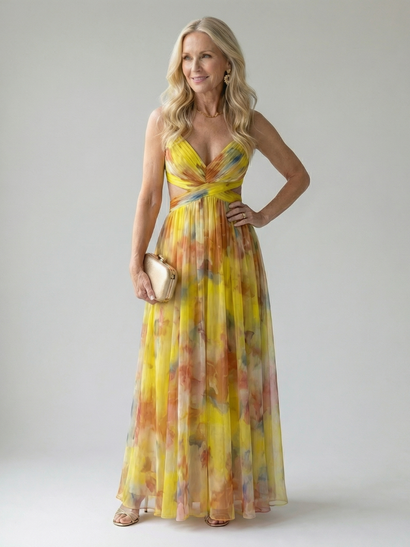 Robe longue maxi douce Danoir Paris Isel, multicolore, avec ceinture et style wrap, portée en mode décontracté.