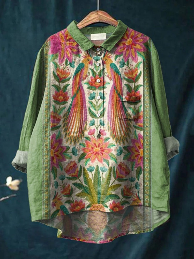 Chemise Lina à broderie florale vive, Danoir Paris, vêtement élégant avec motifs floraux colorés, portée décontractée ou habillée.