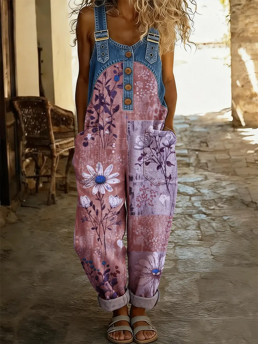 Combinaison en jean patchwork multicolore Maréa de Danoir Paris avec imprimé floral, manches longues et coupe décontractée.