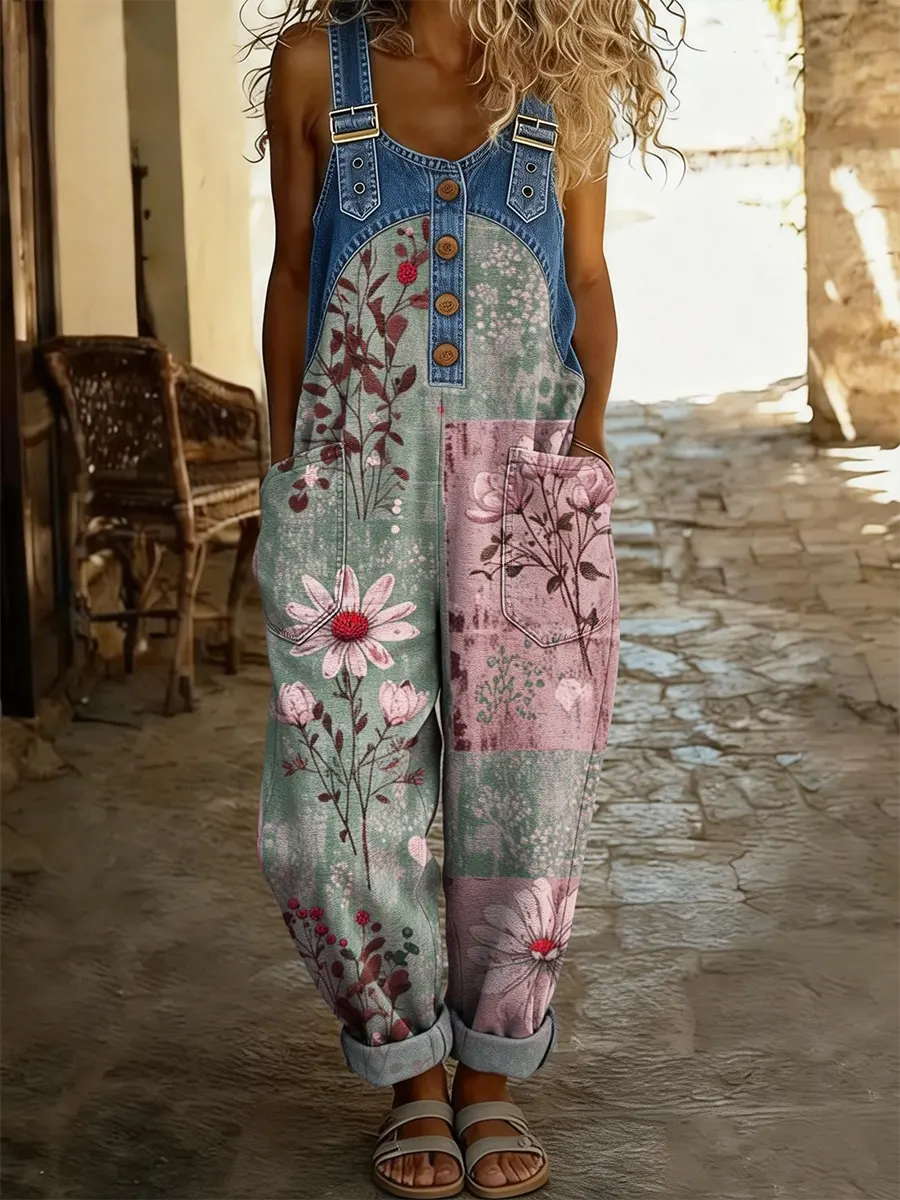 Combinaison en denim patchwork multicolore Maréa de Danoir Paris avec imprimé floral, manches longues et coupe décontractée.