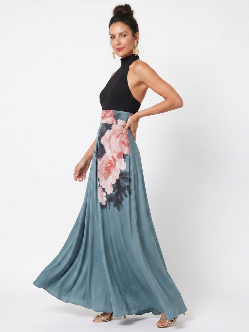 Robe maxi Danoir Paris Olympas avec bustier à halter et jupe florale multicolore, look élégant et tendance.
