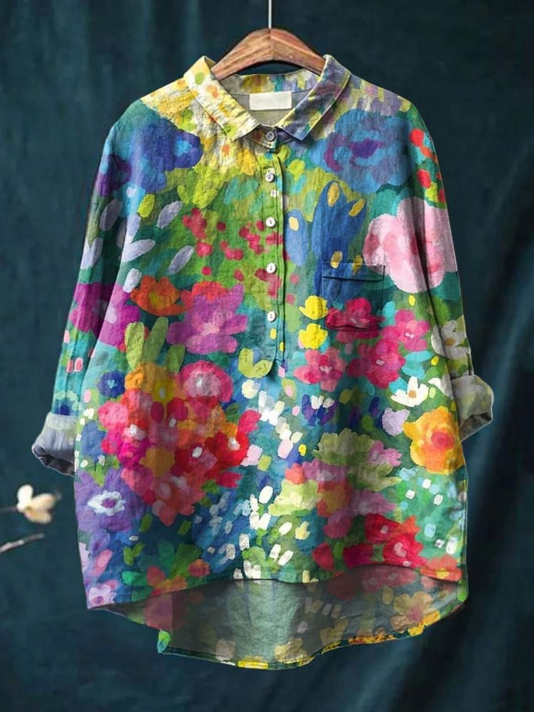 Chemise Sophia de Danoir Paris avec motif floral aquarelle, tissu léger et élégant, vue de face.