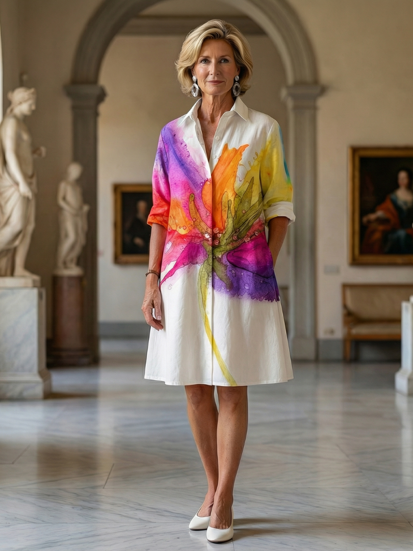 Robe d'été multicolore Ulyssa de Danoir Paris avec motif jardin peint, manches courtes et coupe fluide.