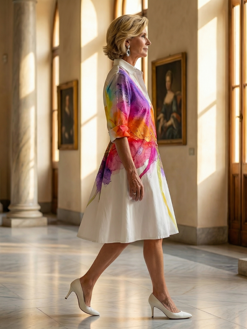 Robe Danoir Paris Ulyssa peinte dans un jardin coloré, manches longues et coupe fluide, motif floral multicolore.