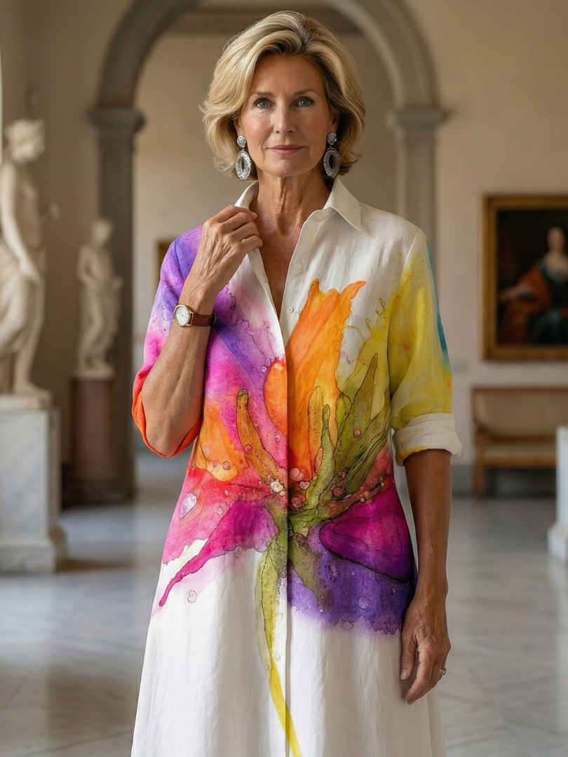 Robe colorée Ulyssa Painted Garden de Danoir Paris, robe fluide avec motifs floraux multicolores, idéale pour l'été.