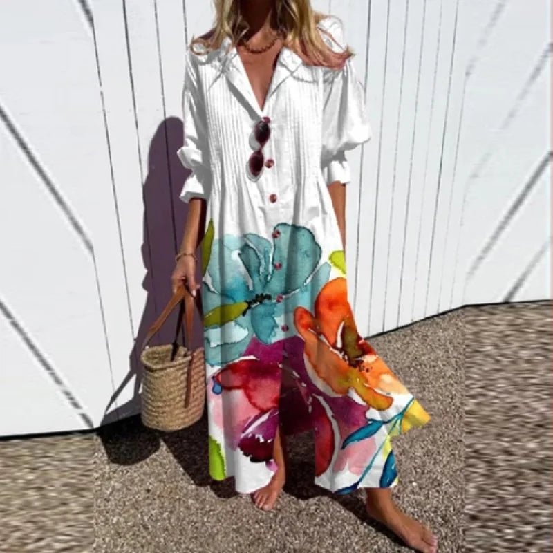 Robe bohème chic Odessa de Danoir Paris avec motifs multicolores, tissu léger et style élégant.