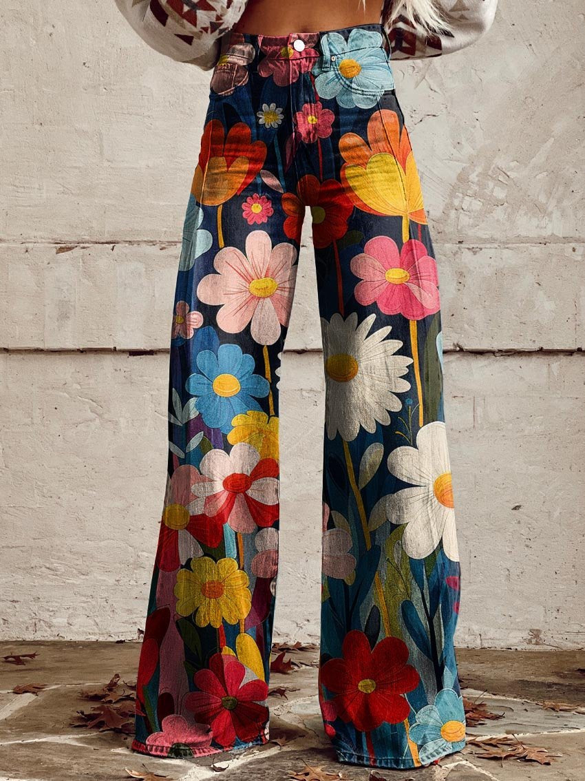 Pantaloni larges floreaux Léna de Danoir Paris, multicolores, taille S-M, vue de face sur fond blanc
